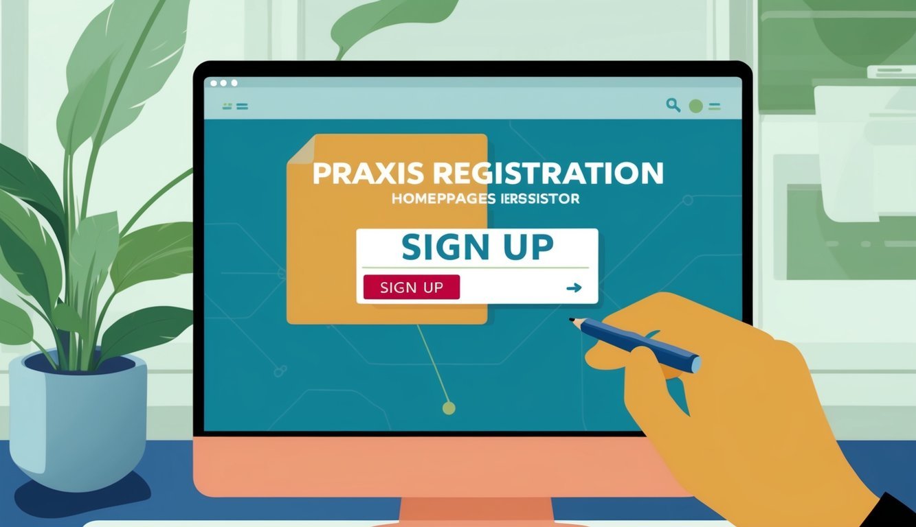 A computer screen displaying the Praxis registration homepage with a cursor clicking on the "Sign Up" button