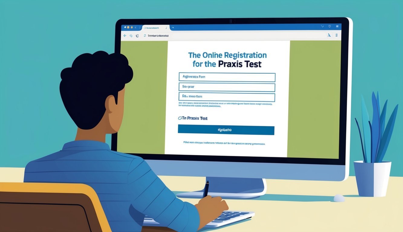 A person sitting at a desk with a laptop, filling out an online registration form for the Praxis test.</p><p>The computer screen displays the test sign-up page