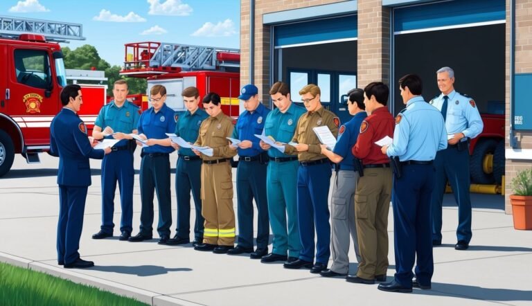 Firefighters in uniform reviewing documents in front of fire station and trucks