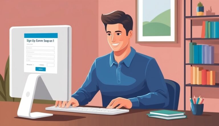 Man smiling at computer screen with a sign-up form