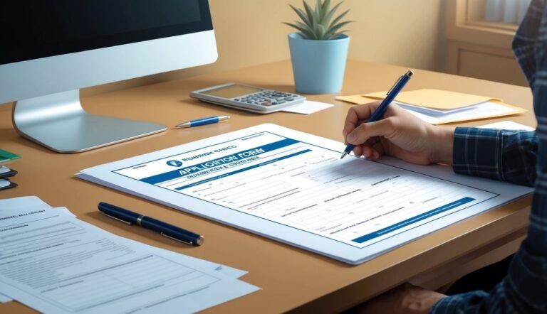 Person filling out an application form on a desk with a computer