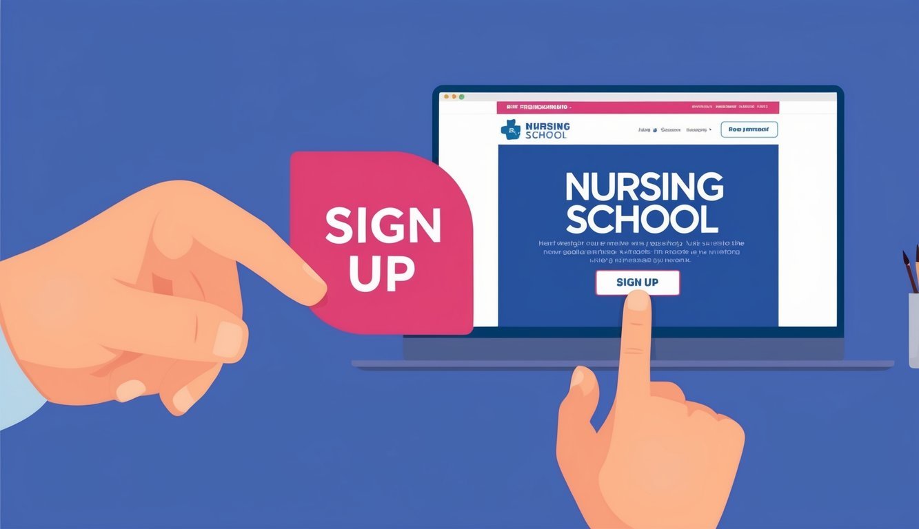 A person clicking on a "sign up" button on a nursing school website