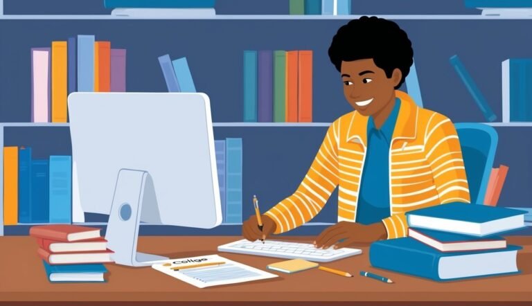 A student working on a computer with books and a college paper