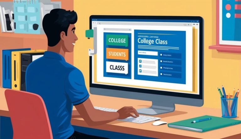Man using computer with college class website on the screen