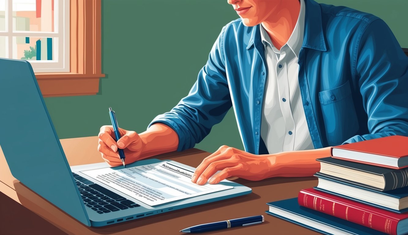 A student sitting at a desk with a laptop, filling out a college application form.</p><p>A stack of books and a pen are nearby