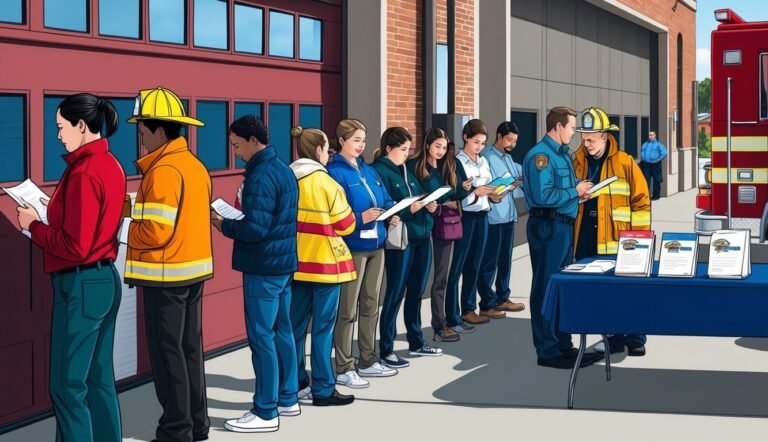 People line up outside a fire station, reading papers, with firefighters