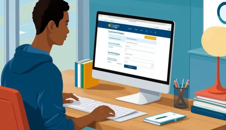 Man using computer to browse community college classes online