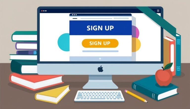 Computer screen with "Sign Up" form, books, apple, and pencil