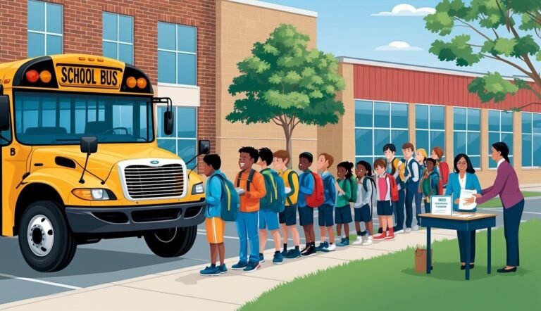 School bus with students lined up in front of a school building