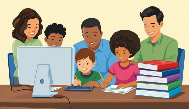 Family of five working together at a desk with a computer and books