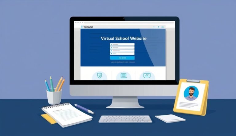 Computer screen displaying a virtual school website, with office supplies on a desk