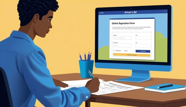 Man filling out driver's ed registration form on computer screen