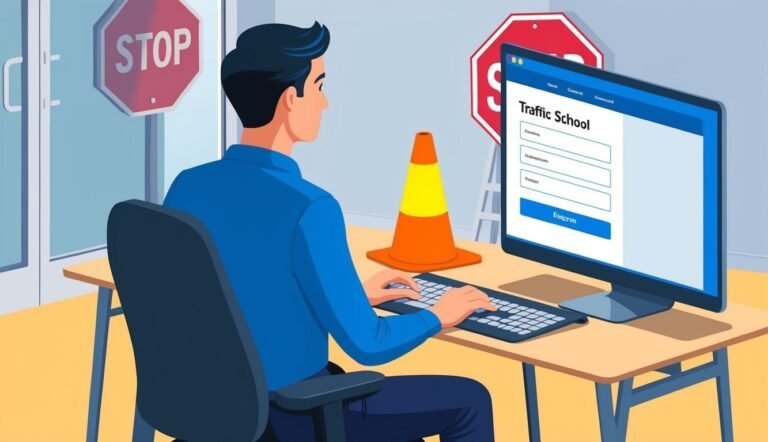 Man taking online traffic school course on a computer. Stop signs and cone