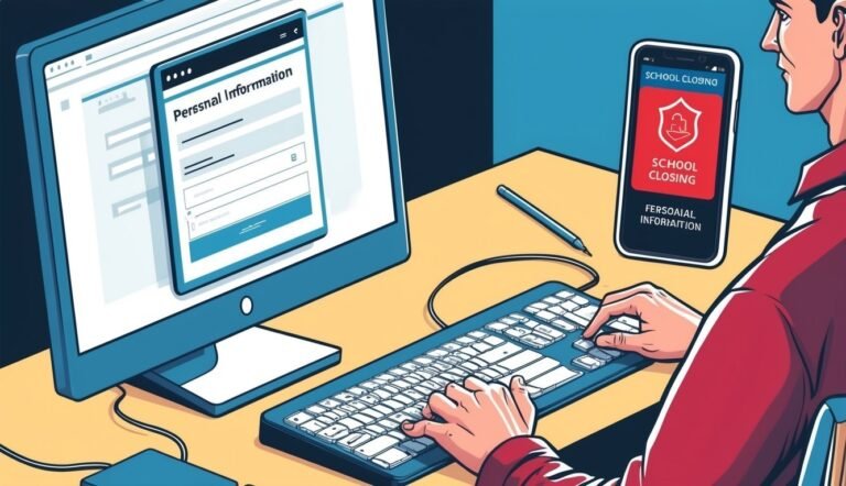 Person filling out online form, school closing alert on phone, computer on desk