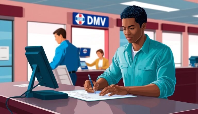 Man filling out paperwork at a DMV counter, with other people