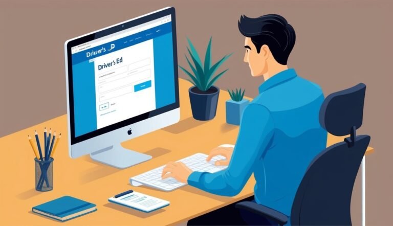 Man on computer, Driver's Ed website, desk with pencils and plants