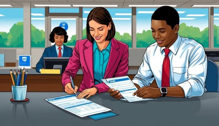 Two people filling out forms at a DMV counter