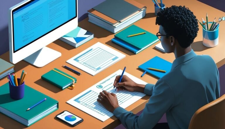 Person writing on paper at a desk with a computer and notebooks
