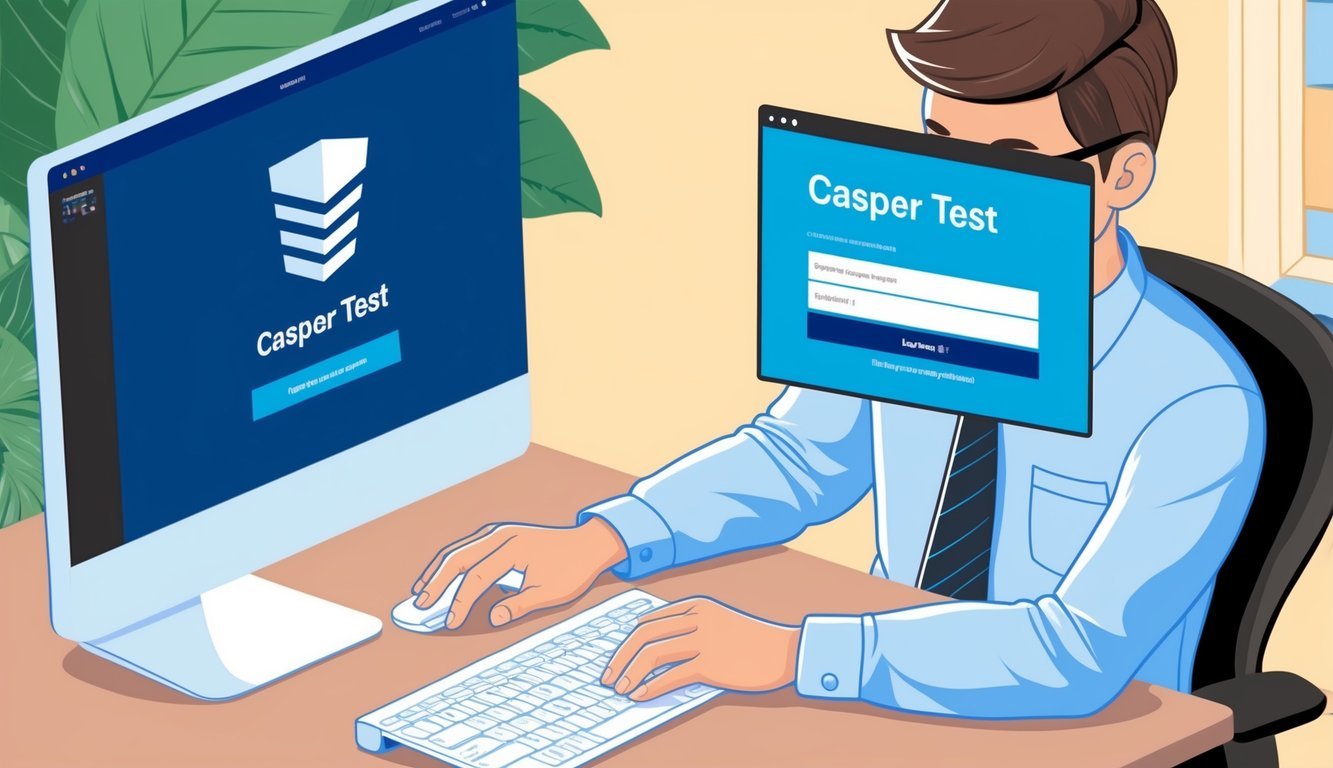 A person sitting at a desk, using a computer to navigate to the CASPER Test website and filling out a sign-up form