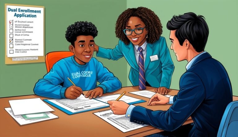 Three people filling out a dual enrollment application at a table