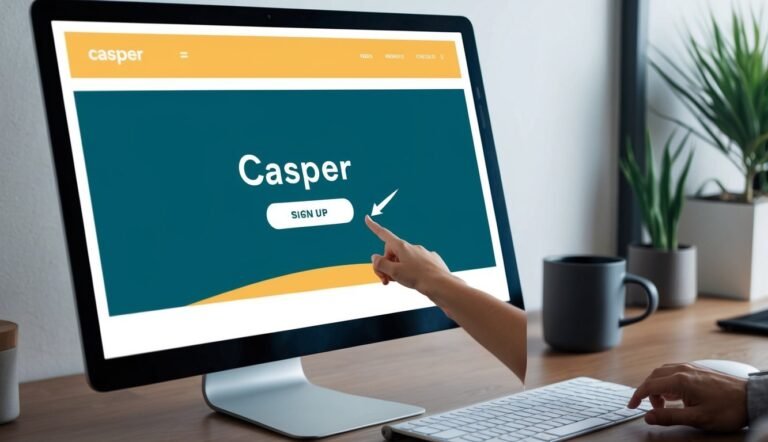 Person's finger pointing at "Sign Up" button on a Casper website