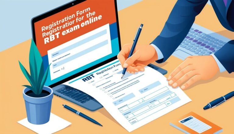 Person filling out RBT registration form with laptop and pen on desk