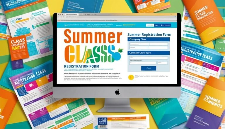 Computer screen displaying a summer class registration form surrounded by flyers