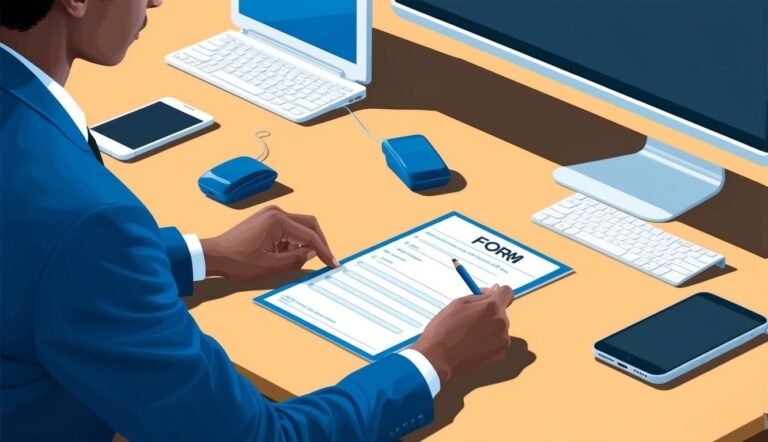 Person in blue suit filling out a form at a desk with tech