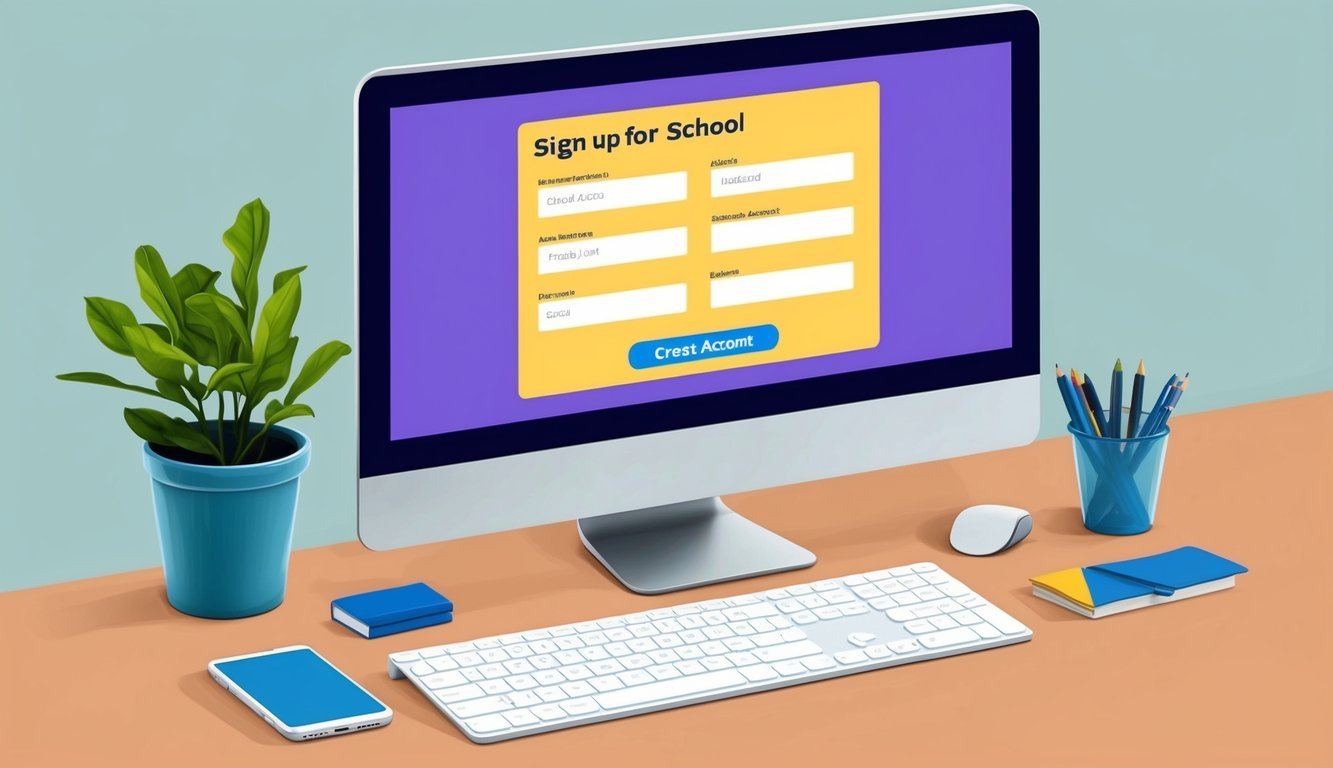 A computer screen displaying a sign-up form for a school account, with fields for personal information and a button to create the account