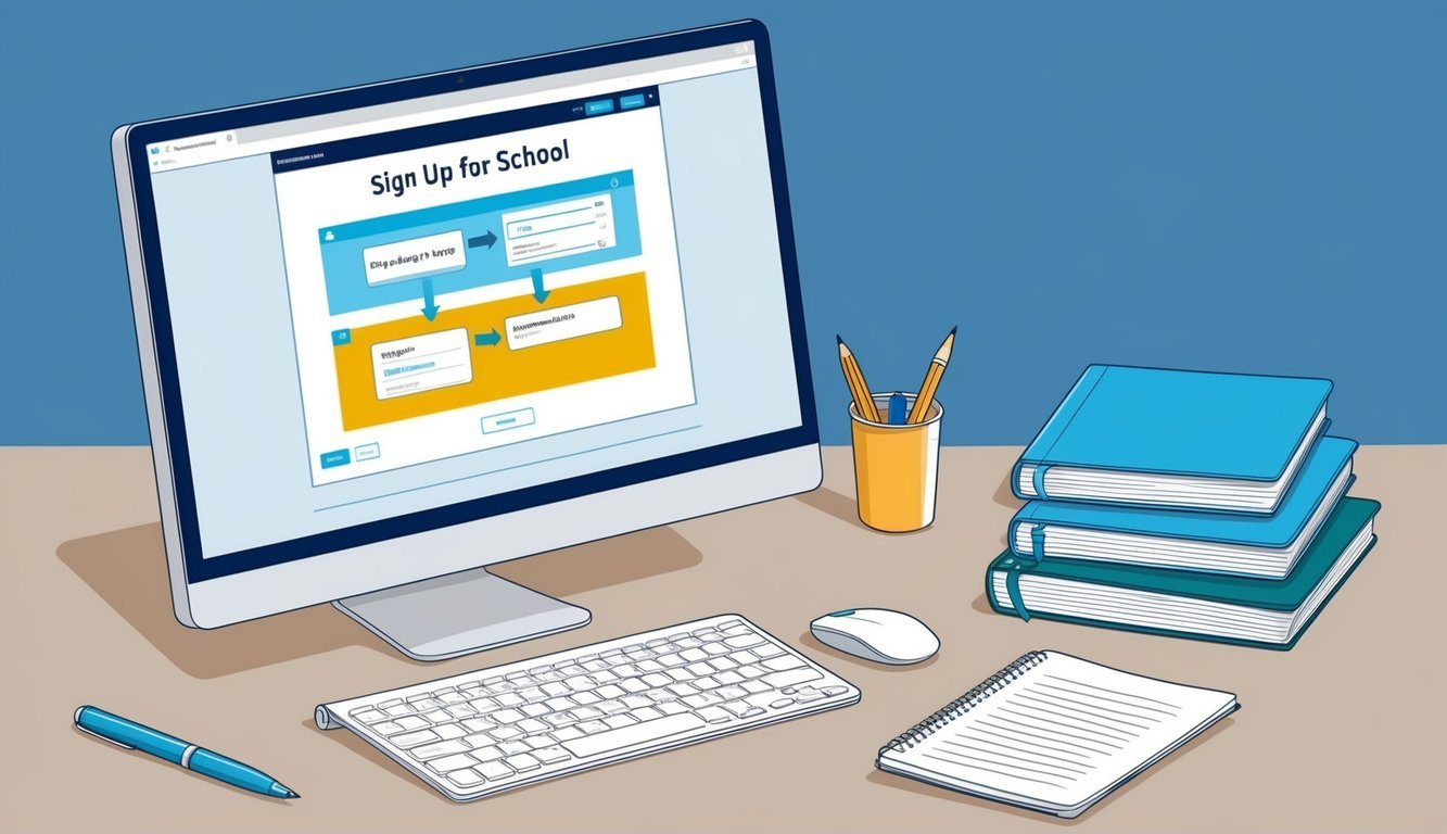 A computer screen displaying a step-by-step process for signing up for school, with a pen and notebook nearby for taking notes