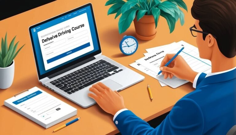 Man filling out forms for a defensive driving course on a laptop