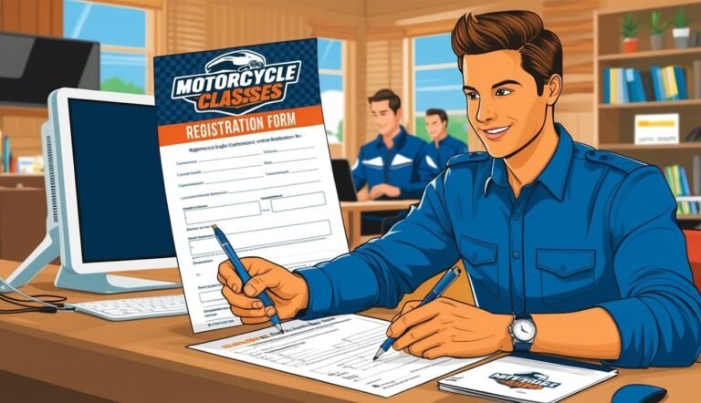 Man filling out a motorcycle classes registration form at a desk
