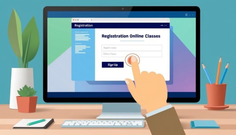 Hand pointing at "Sign Up" button on a computer screen for online classes