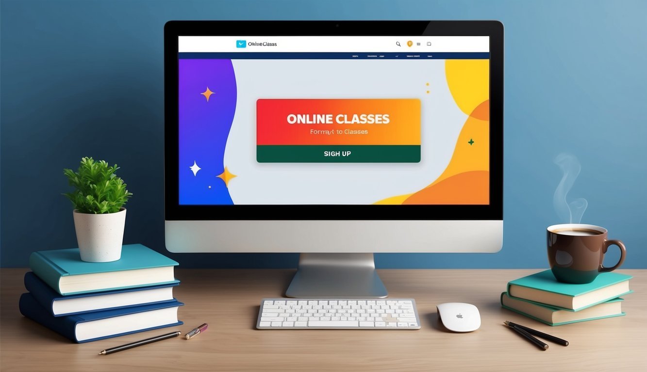 A computer screen displaying a website with an "Online Classes" sign-up button surrounded by books and a cup of coffee