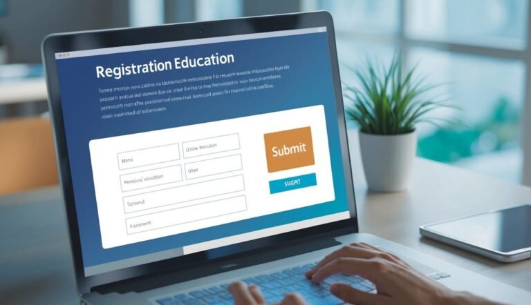 Laptop displaying a registration form with a submit button, hands typing on keyboard