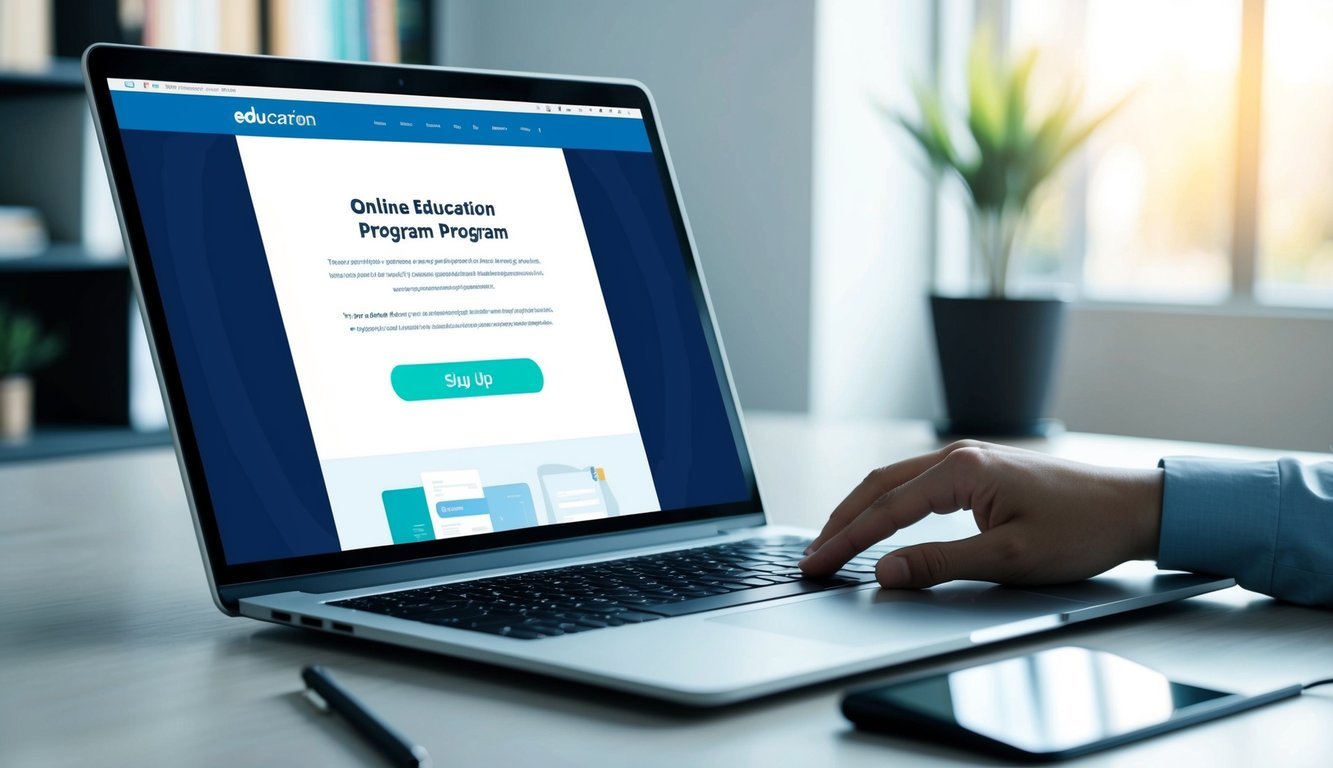 A laptop open on a desk, with a website for an online education program displayed on the screen.</p><p>A mouse cursor hovers over a "sign up" button