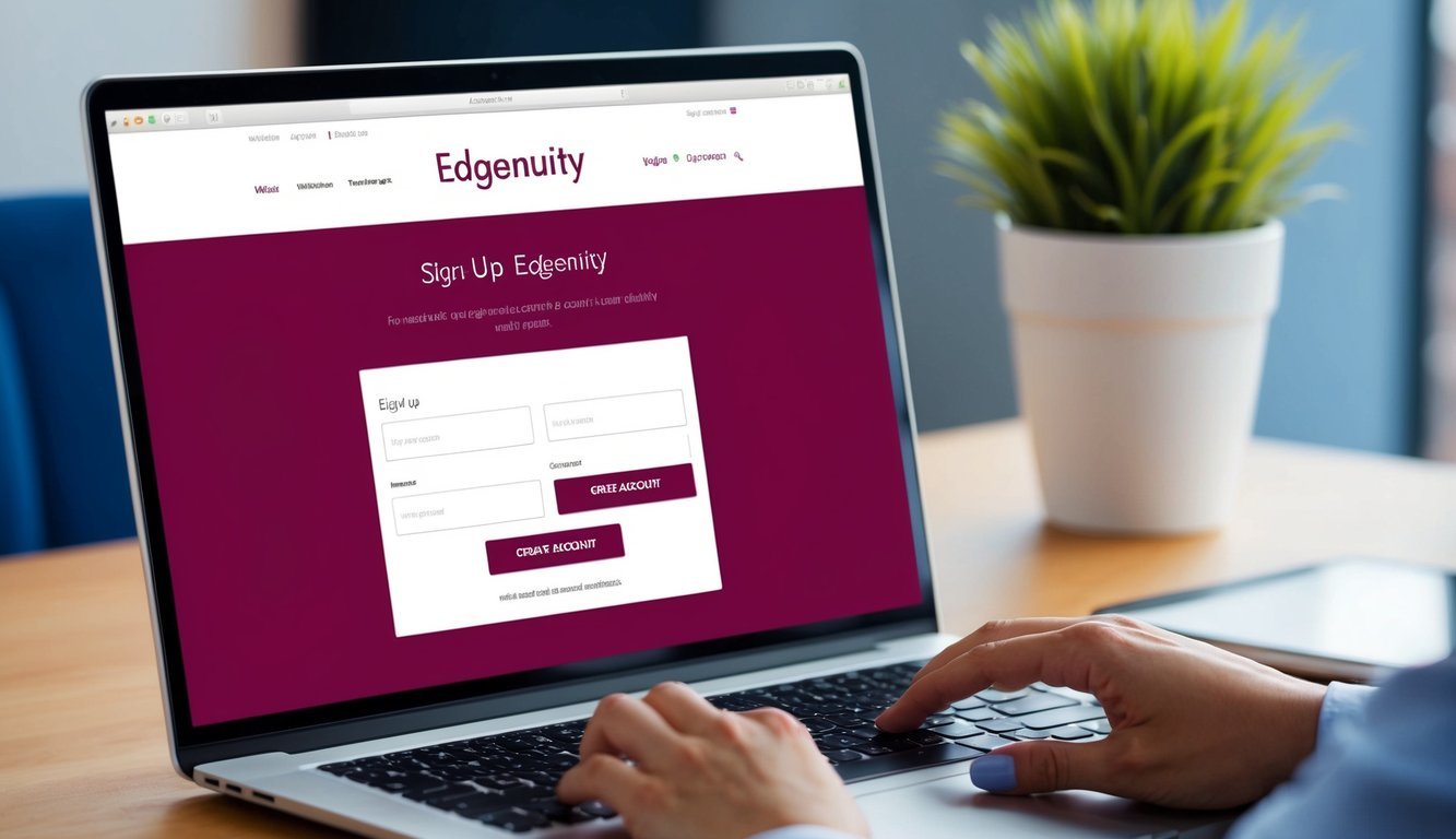 A computer screen displaying the Edgenuity website with a sign-up form, a cursor hovering over the "Create Account" button