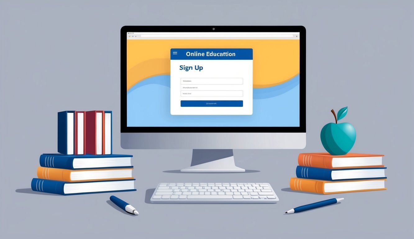 A computer screen displaying a website with a sign-up form for online education, surrounded by books and a pen