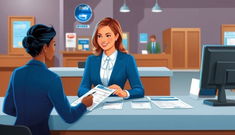 Two women at a DMV counter reviewing paperwork, smiling