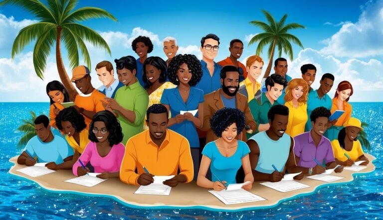 Group of diverse people writing on papers on a tropical island