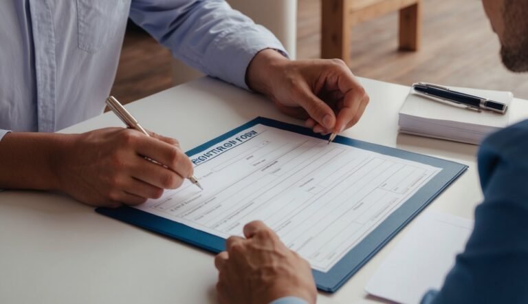 Two people signing a registration form on a clipboard at a table