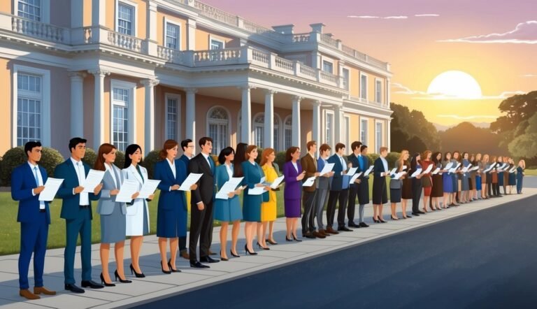Group of people in suits holding papers in front of a building