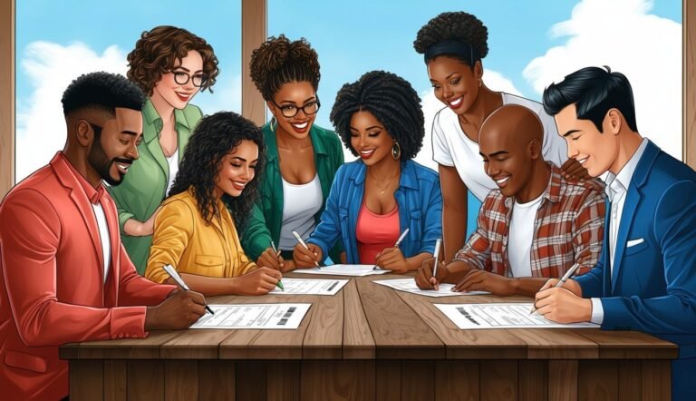 Diverse group of people signing documents at a wooden table, smiling
