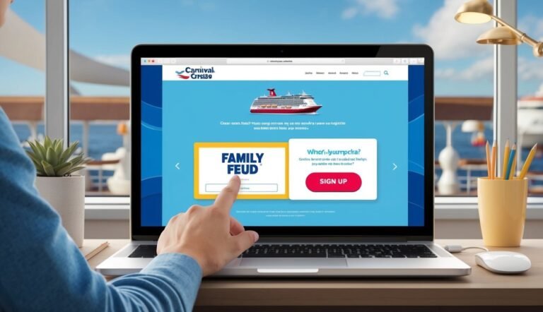 Person using laptop with Carnival Cruise website, Family Feud game displayed