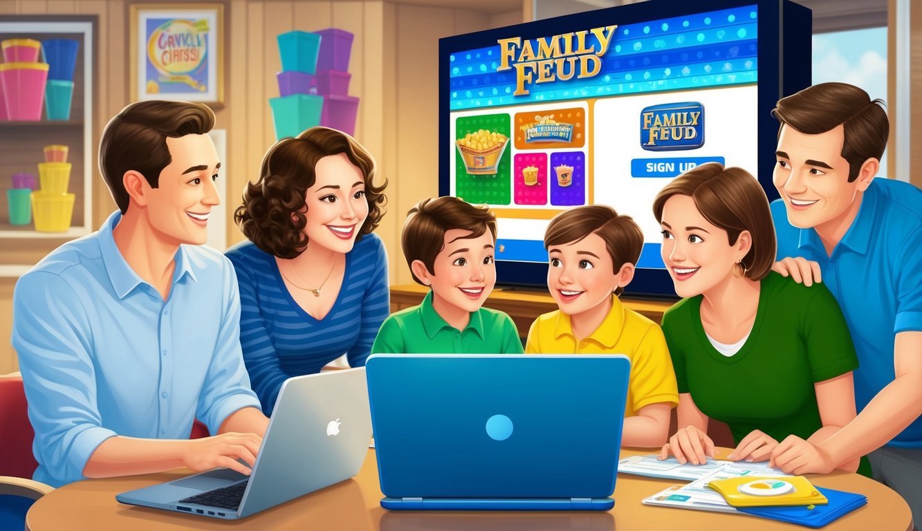 A family gathers around a laptop, smiling as they sign up for Family Feud on Carnival Cruise's website.</p><p>A colorful game show set and prizes are displayed on the screen