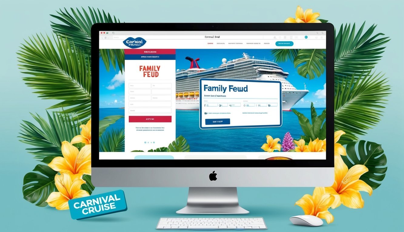 A computer screen displaying the Carnival Cruise website with a "Family Feud" sign-up form open, surrounded by tropical cruise imagery