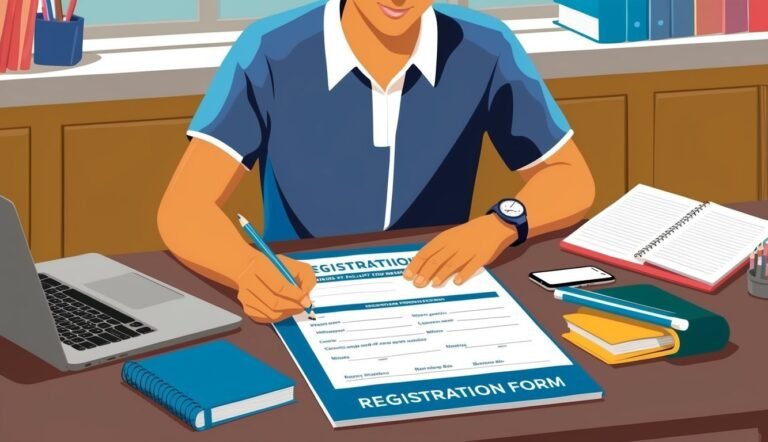 Person filling out a registration form at a desk with a laptop and notebook