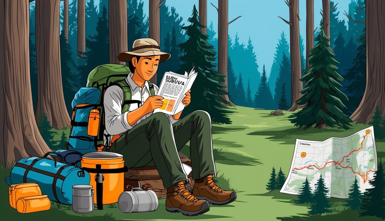 A person reading a survival guide, surrounded by camping gear and a map, then confidently navigating through a dense forest