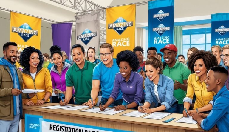Teams sign up for "The Amazing Race" at a registration table