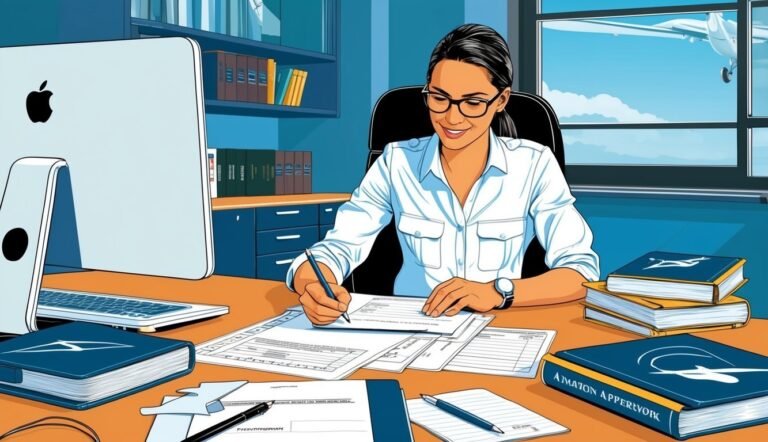 Woman in glasses writing at desk with books, computer, and airplane view